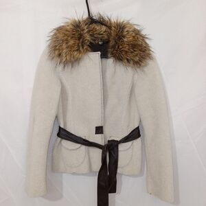 Ideology Reversible Shearling/Faux Fur Jacket with Collar Leather Belt Womens PS
